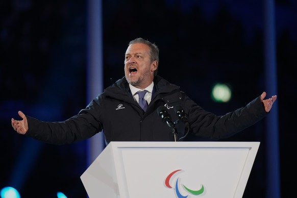 Andrew Parsons, President of the International Paralympic Committee, speaks during the opening ceremony at the 2026 Winter Paralympics, in Verona, Italy, Friday, March 6, 2026. (AP Photo/Antonio Calan ...