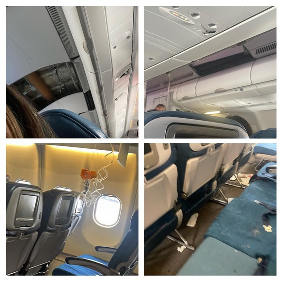 This photo combination of mobile images, courtesy of passenger Jazmin Bitanga, shows the interior of a Hawaiian Airlines plane flying from Phoenix to Honolulu after severe turbulence disrupted the flight…