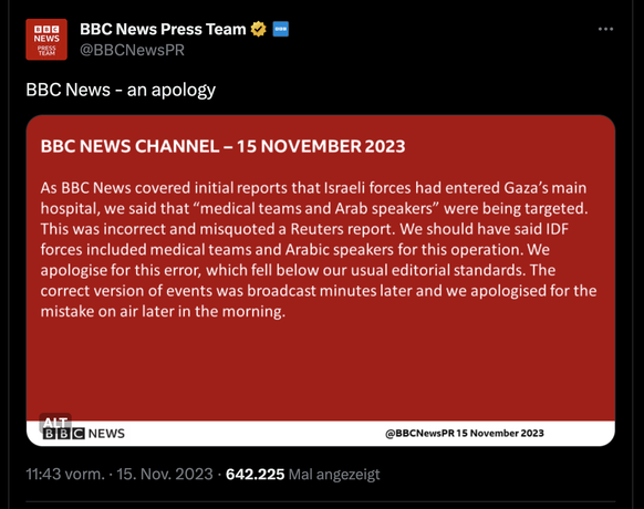 Entschuldigungs-Schreiben der BBC zu fehlerhafter Gaza-Kriegsberichtserstattung. (15. November 2023)