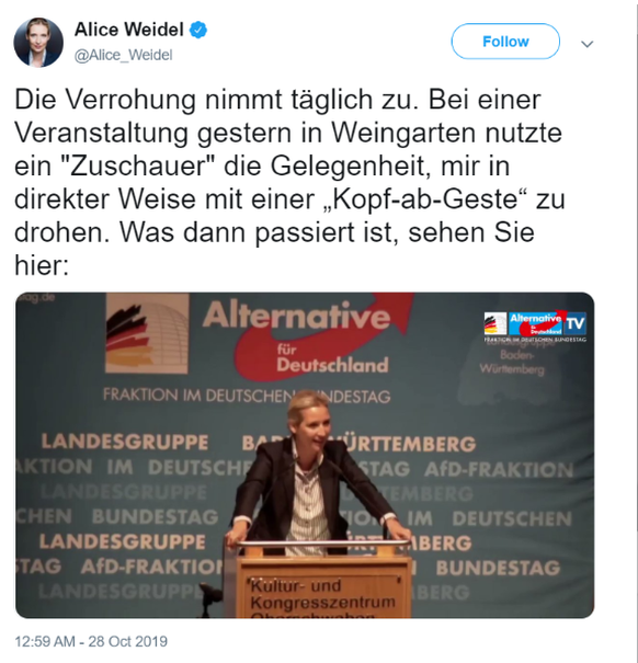 Postings gelöscht: Alice Weidel verbreitete ein Empörungsvideo über eine Bedrohung gegen sie und ließ die Beiträge wieder löschen, als es Hinweise darauf gab, dass sie einen eigenen Anhänger bezichtig ...