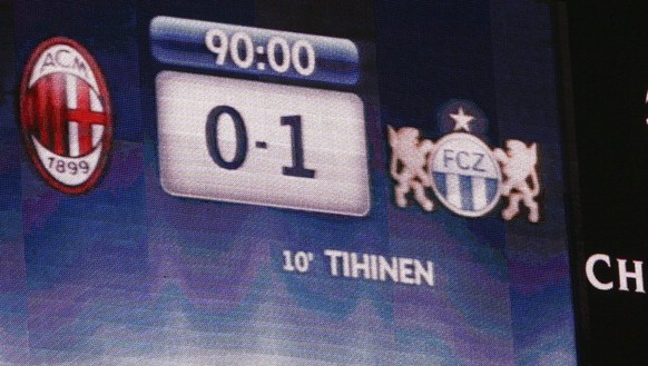 The result on the display after the UEFA Champions League soccer match between AC Milan and FC Zuerich, in the San Siro stadium in Milan, Italy, Wednesday, September 30, 2009. (KEYSTONE/Karl Mathis)