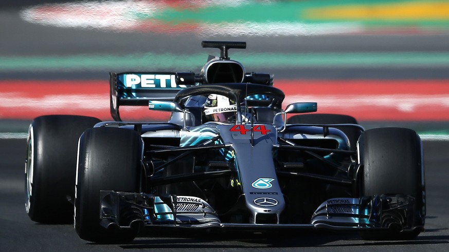 Mercedes driver Lewis Hamilton of Britain steers his car during a Formula One pre-season testing session in Montmelo, outside Barcelona, Spain, Friday, March 9, 2018. (AP Photo/Manu Fernandez)