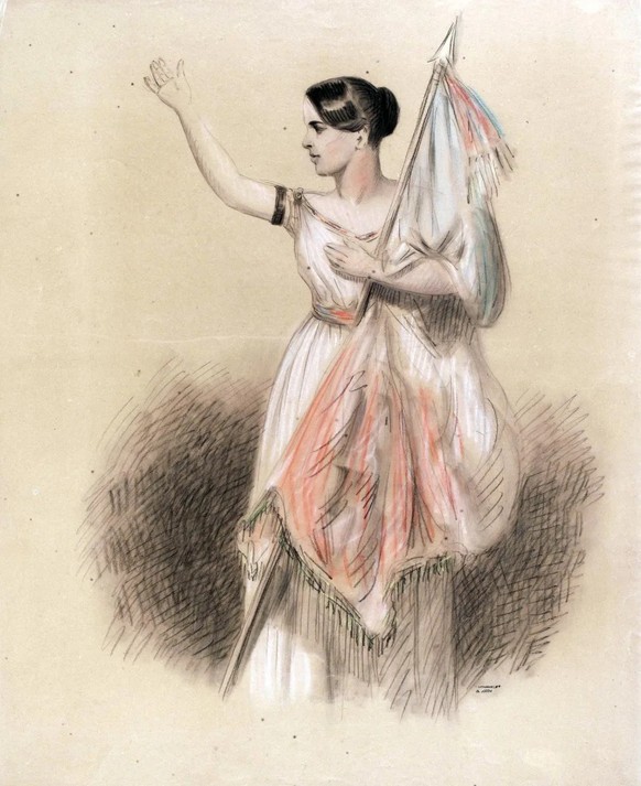 Zeichnung von Rachel, wie sie La Marseillaise in der Comédie-Française singt.
https://www.parismuseescollections.paris.fr/fr/musee-carnavalet/oeuvres/portrait-d-elisa-rachel-felix-1820-1858-dite-rache ...