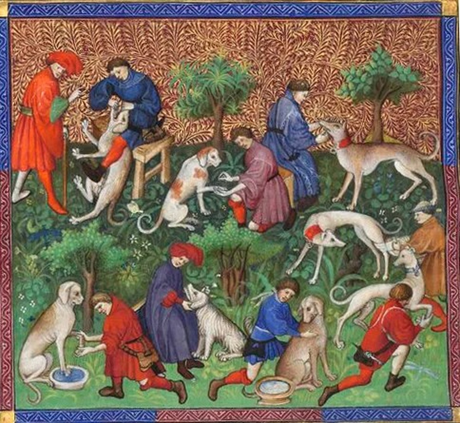 Auch die Krankheiten von Hunden wurden im Mittelalter behandelt. Illustration aus einem französischen Jagdbuch, 14. Jahrhundert.
https://gallica.bnf.fr/ark:/12148/btv1b52505055c/f84.item.zoom#