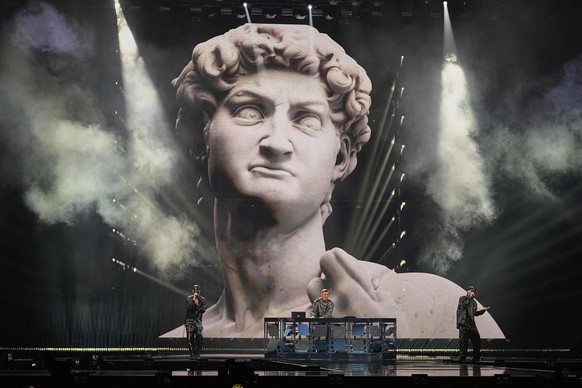 Gabry Ponte from San Marino performs the song &quot;Tutta L&#039;Italia&quot; during the first semi-final of the 69th Eurovision Song Contest, in Basel, Switzerland, Tuesday, May 13, 2025. (AP Photo/M ...