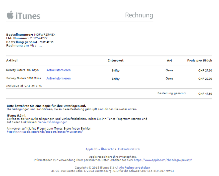 Screenshot der vermeintlichen Apple-Rechnung.