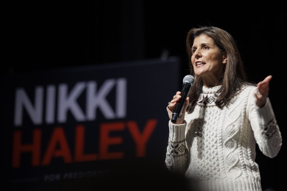 epa11095173 Republican candidate for president former South Carolina Governor Nikki Haley addresses supporters during a Get Out The Vote Rally at Exeter High School in Exeter, New Hampshire, USA, 21 J ...