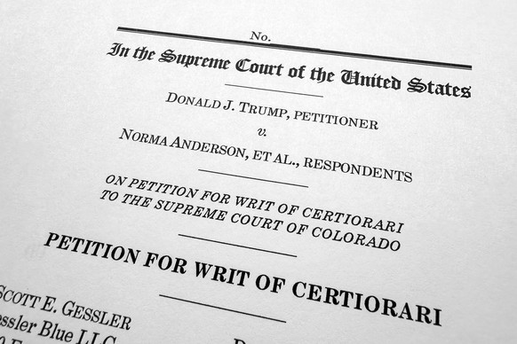 A page from the appeal by former President Donald Trump asking the U.S. Supreme Court to review the Colorado Supreme Court&#039;s finding that an insurrection clause in the Constitution&#039;s 14th Am ...