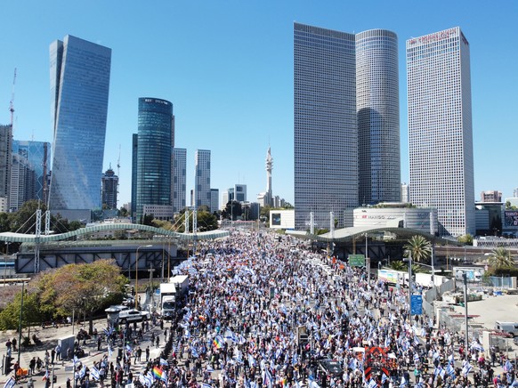 epa10511206 A photo taken by a drone shows protesters at a rally against the government's judicial system reform plan in Tel Aviv, Israel, March 09, 2023. The protest leaders of...