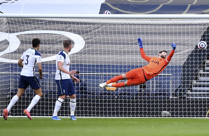 epa09212914 Tottenham Hotspur&#039;s Sergio Reguilon (L) scores an own goal during the English Premier League soccer match between Tottenham Hotspur and Aston Villa in London, Britain, 19 May 2021. EP ...