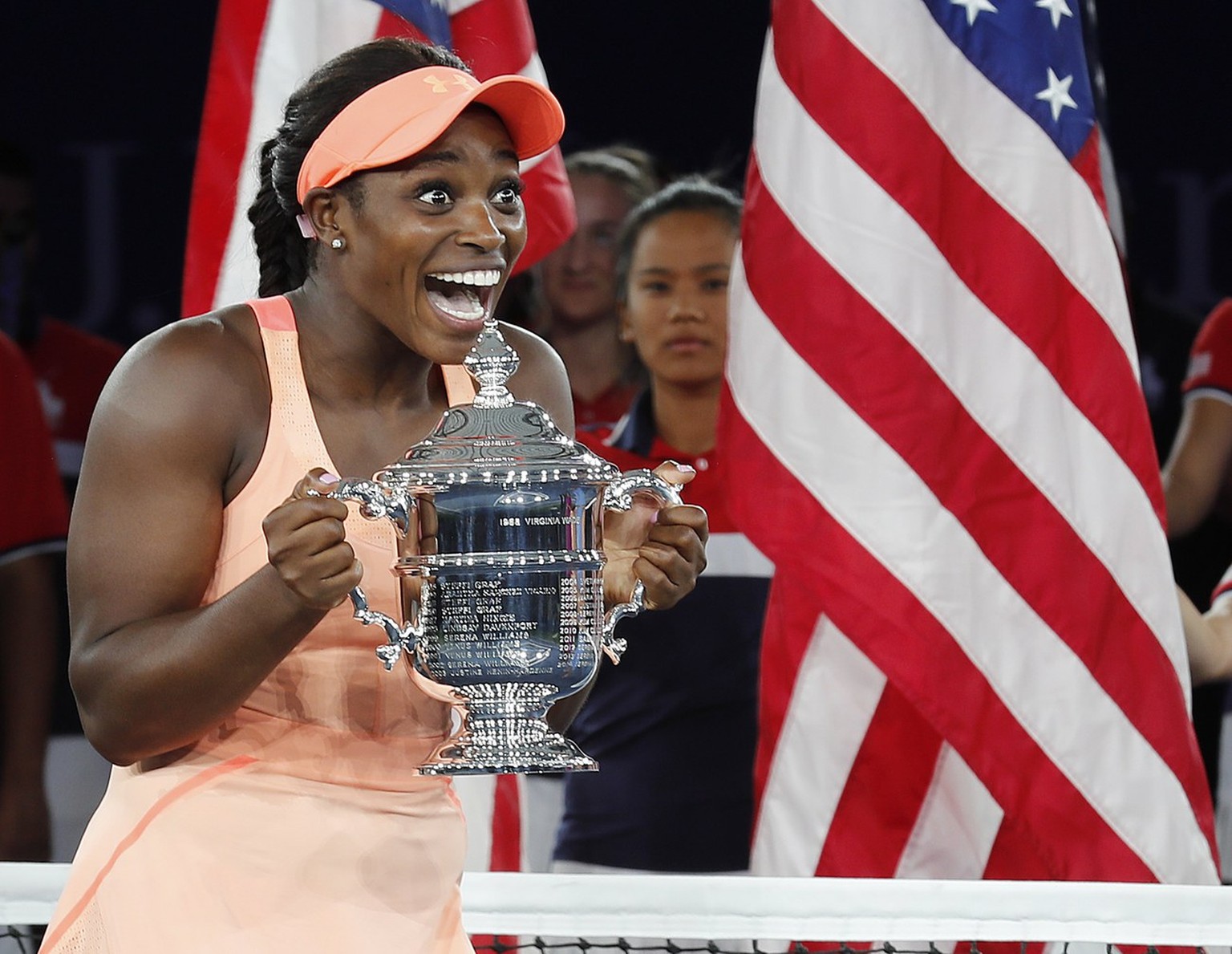 epa06262720 YEARENDER 2017 SEPTEMBER .Sloane Stephens of the US holds the championship trophy after defeating Madison Keys of the US to win the US Open Tennis Championships women&#039;s singles final  ...