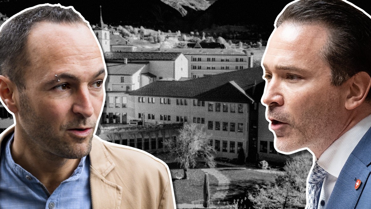 SVP-Nationalrat Michael Graber (rechts) möchte einen anderen Standort und SP-Staatsrat Mathias Reynard hat sich für das in der Altstadt stehende Gästehaus St. Ursula (im Hintergrund) entschieden