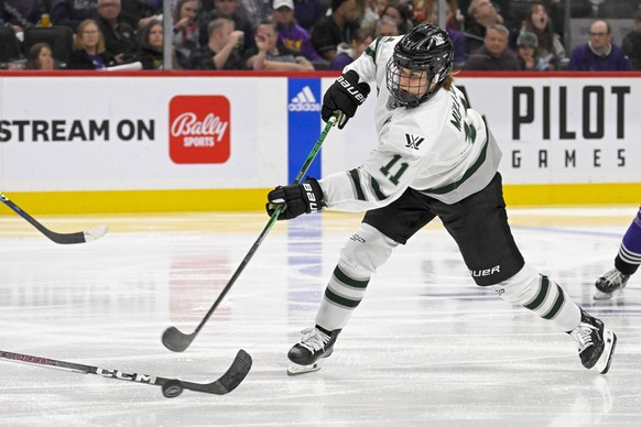ST. PAUL, MN - MAY 24: Boston forward Alina Muller 11 takes a shot on goal during the third period of game three of the PWHL Walter Cup Finals between Minnesota and Boston on May 24th, 2024 at the Xce ...