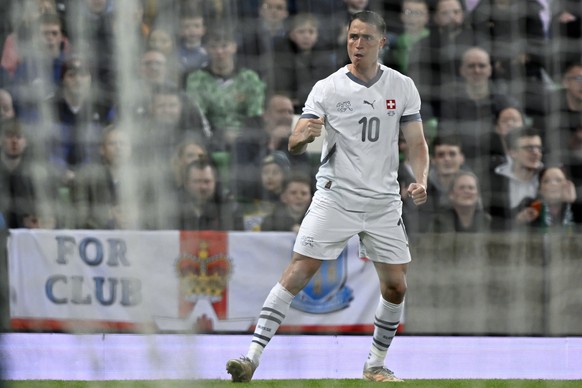 epa11979689 Switzerland&#039;s Vincent Sierro celebrates after scoring the 1-1 goal during the friendly international soccer match between Northern Ireland and Switzerland, in Belfast, Northern Irelan ...