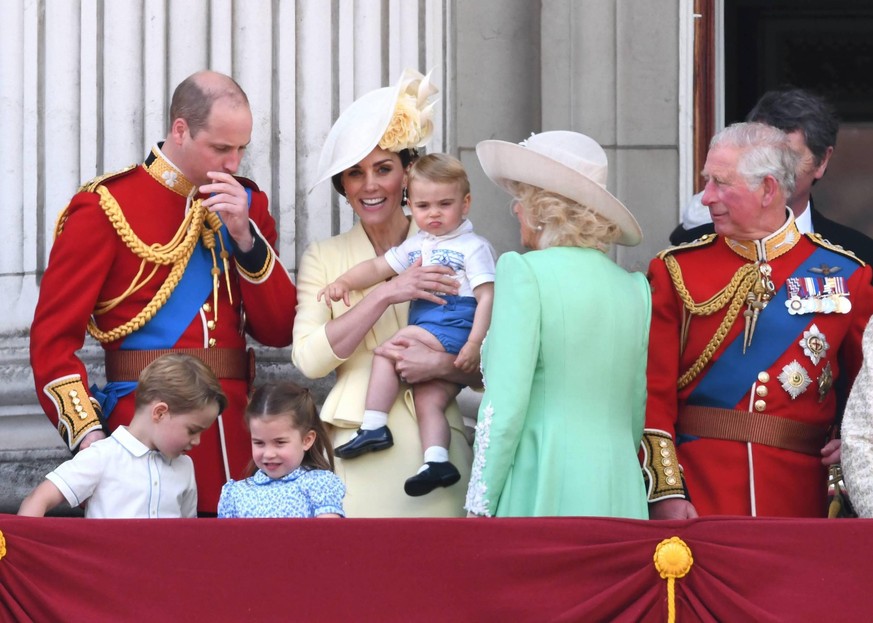Trooping The Colour The Duke of Cambridge, Prince George, Prince Louis, Princess Charlotte, The Duchess of Cambridge, Prince Charles and The Duchess of Cornwall attending Trooping The Colour, Buckingh ...