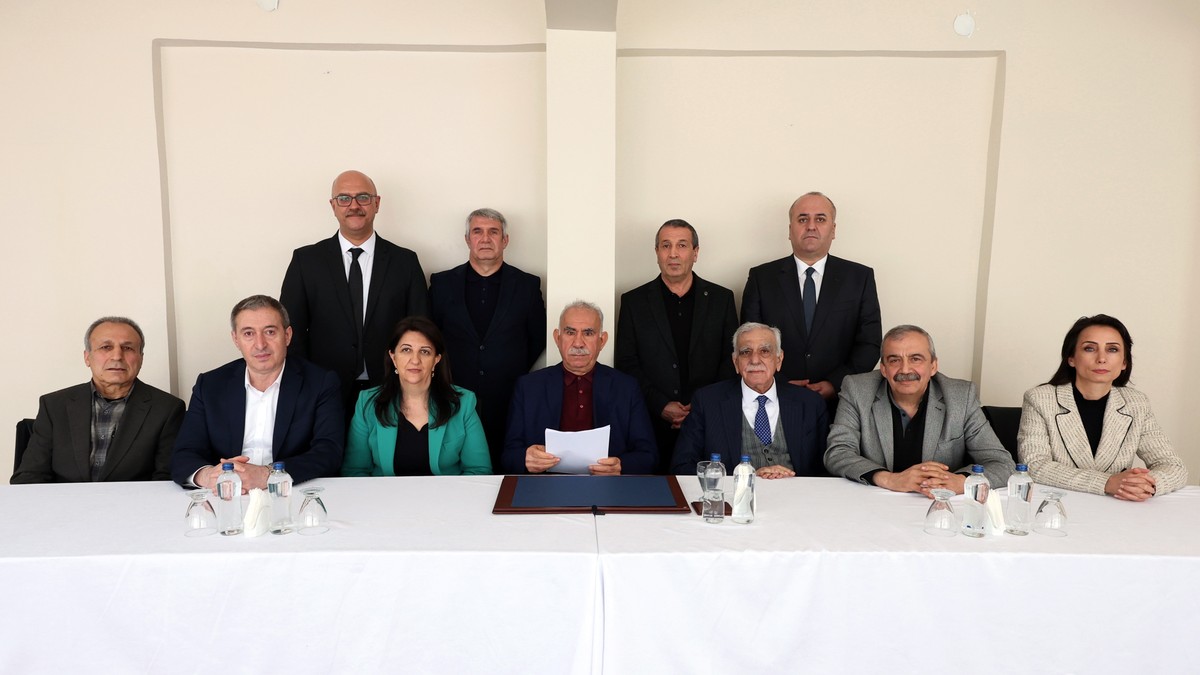 epa11928169 A handout photo made available by the Peoples' Equality and Democracy Party (DEM) shows delegation members of the Turkish pro-Kurdish Peoples' Equality and Democracy Party (DEM), ...