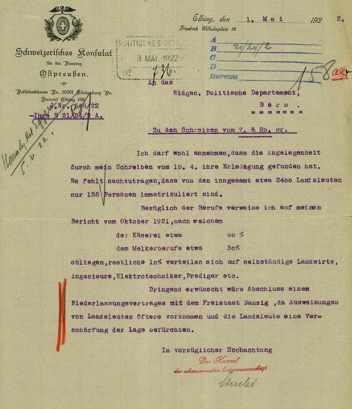 En 1921, quelque 90% des ressortissants helvétiques vivant en Prusse-Orientale travaillaient dans les domaines de la laiterie et de la fromagerie.