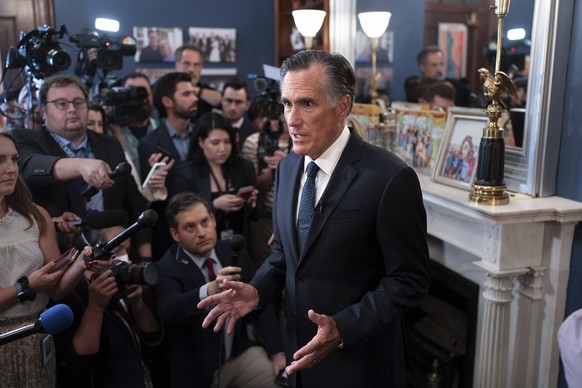 Republican Senator Mitt Romney of Utah says he will not run for re-election in 2024 as he speaks to reporters at his Capitol Hill office in Washington on Wednesday, September 13, 2023.  The 76-year-old easily won…