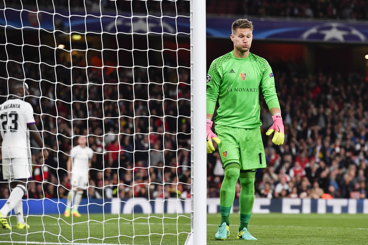 Basels goalkeeper Tomas Vaclik reacts during an UEFA Champions League Group stage Group A matchday 2 soccer match between England's Arsenal FC and Switzerland's FC Basel 1893, in the Emirate ...