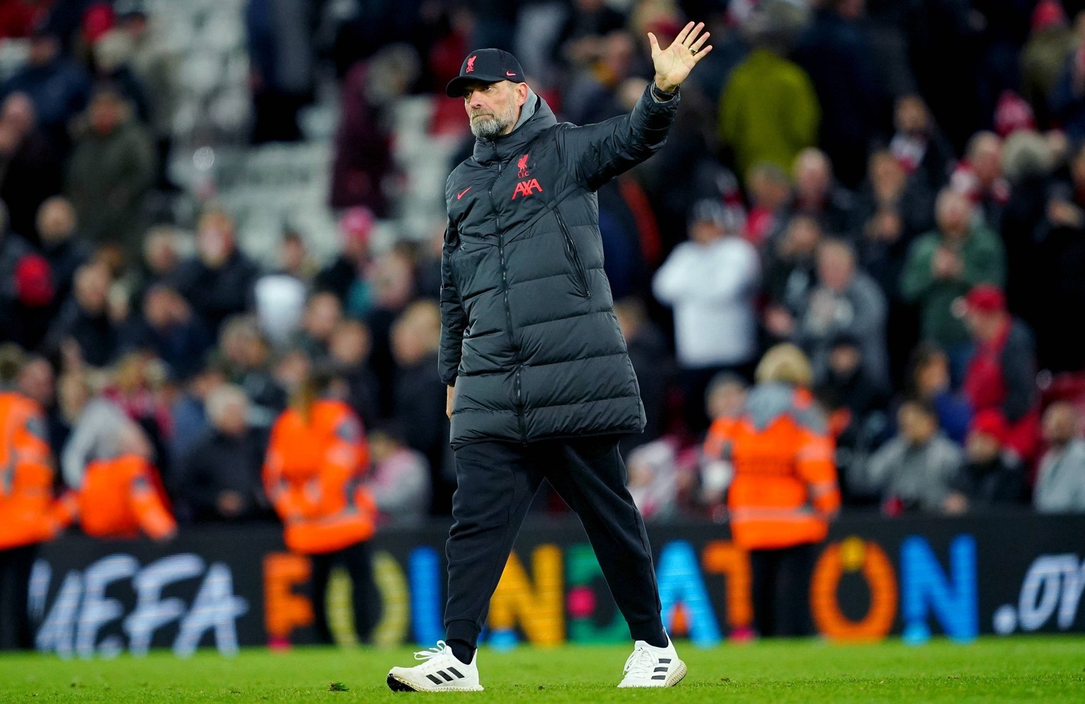 Liverpool v Real Madrid - Champions League - Round of 16 - Anfield Liverpool manager Jurgen Klopp waves to the fans at the end of the Champions League round of 16 match at Anfield, Liverpool. Picture  ...