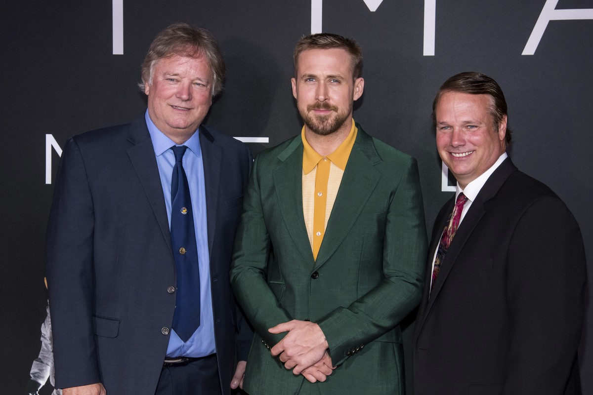 FILE - In this Oct. 4, 2018 file photo, Rick Armstrong, left, Ryan Gosling and Mark Armstrong attend the "First Man" premiere at the National Air and Space Museum of the Smithsonian Institut ...
