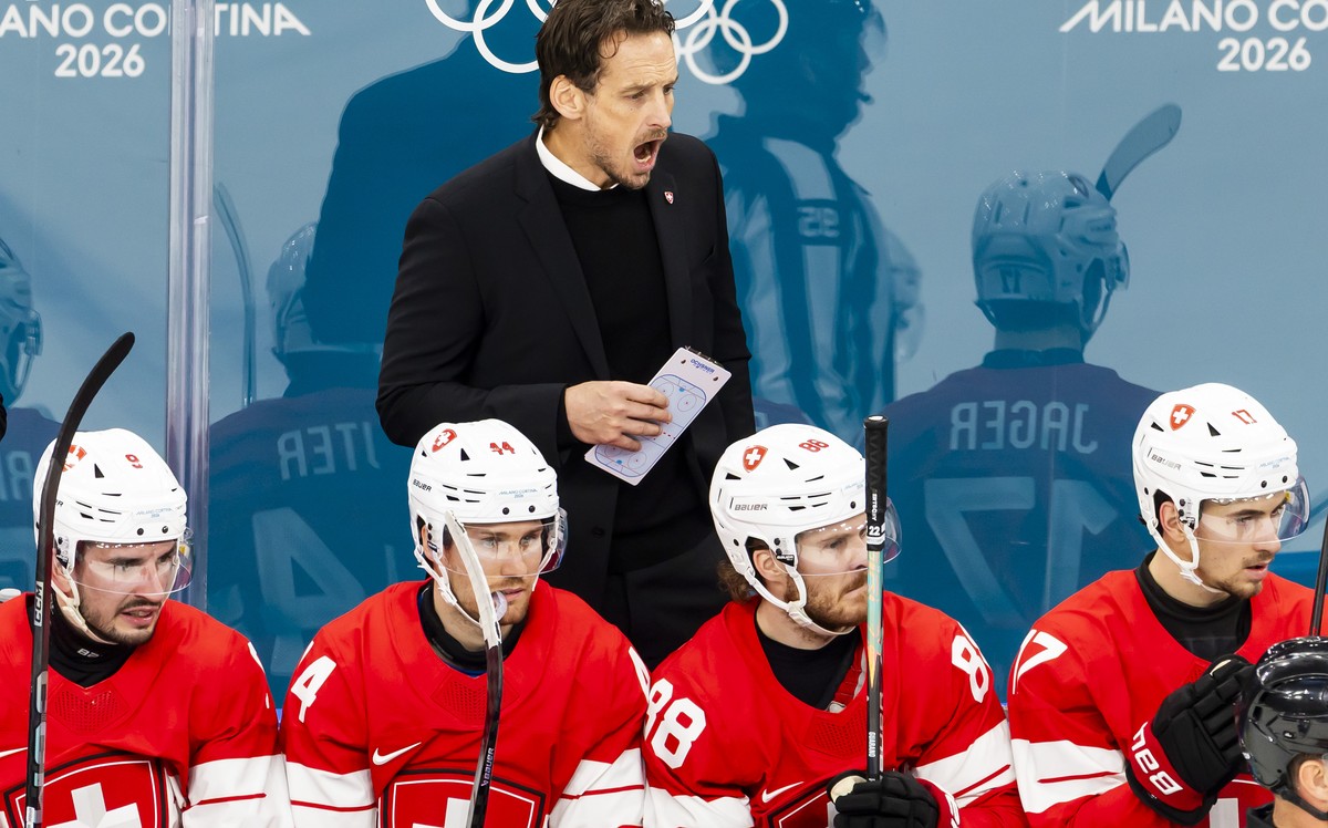 Patrick Fischer, head coach of Switzerland national ice hockey team, reacts, during the men's group A preliminary round game between Switzerland and France at the 2026 Olympic Winter Games in Mil ...