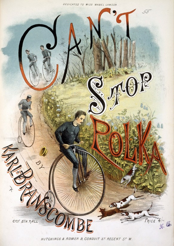 PARTITION ANGLAISE XIXeme s. Des chiens coupent la route d un cycliste sur son grand-bi. Can t stop polka par Karl Branscombe. Couverture de partition de 1886, illustration anonyme. Credit : Collectio ...