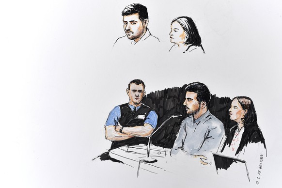 epa06600470 A drawing shows Thomas N. (L) and Renate Senn (R), a public defender, during the trial for the quadruple murder of Rupperswil in Schafisheim, Switzerland, 13 March 2018. Thomas N. is accus ...