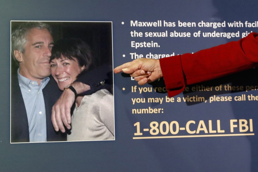FILE - Audrey Strauss, Acting U.S. Attorney for the Southern District of New York, points to a photo of Jeffrey Epstein and Ghislaine Maxwell during a press conference in New York on July 2, 2020. Max...