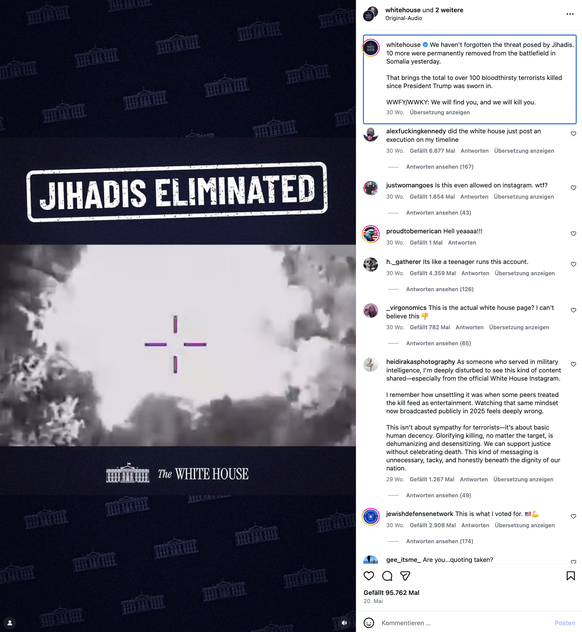 Post / Beitrag des offiziellen Instagram-Account des Weissen Hauses. 20. Mai 2025.