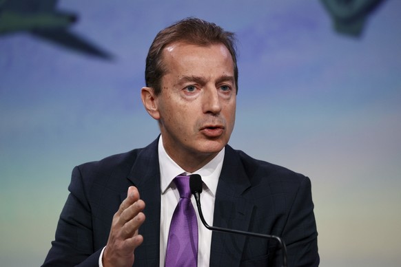 Airbus CEO Guillaume Faury presents the European aerospace giant full year results, in Blagnac, near Toulouse, southwestern France, Thursday, Feb. 20, 2025. (AP Photo/Fred Scheiber)