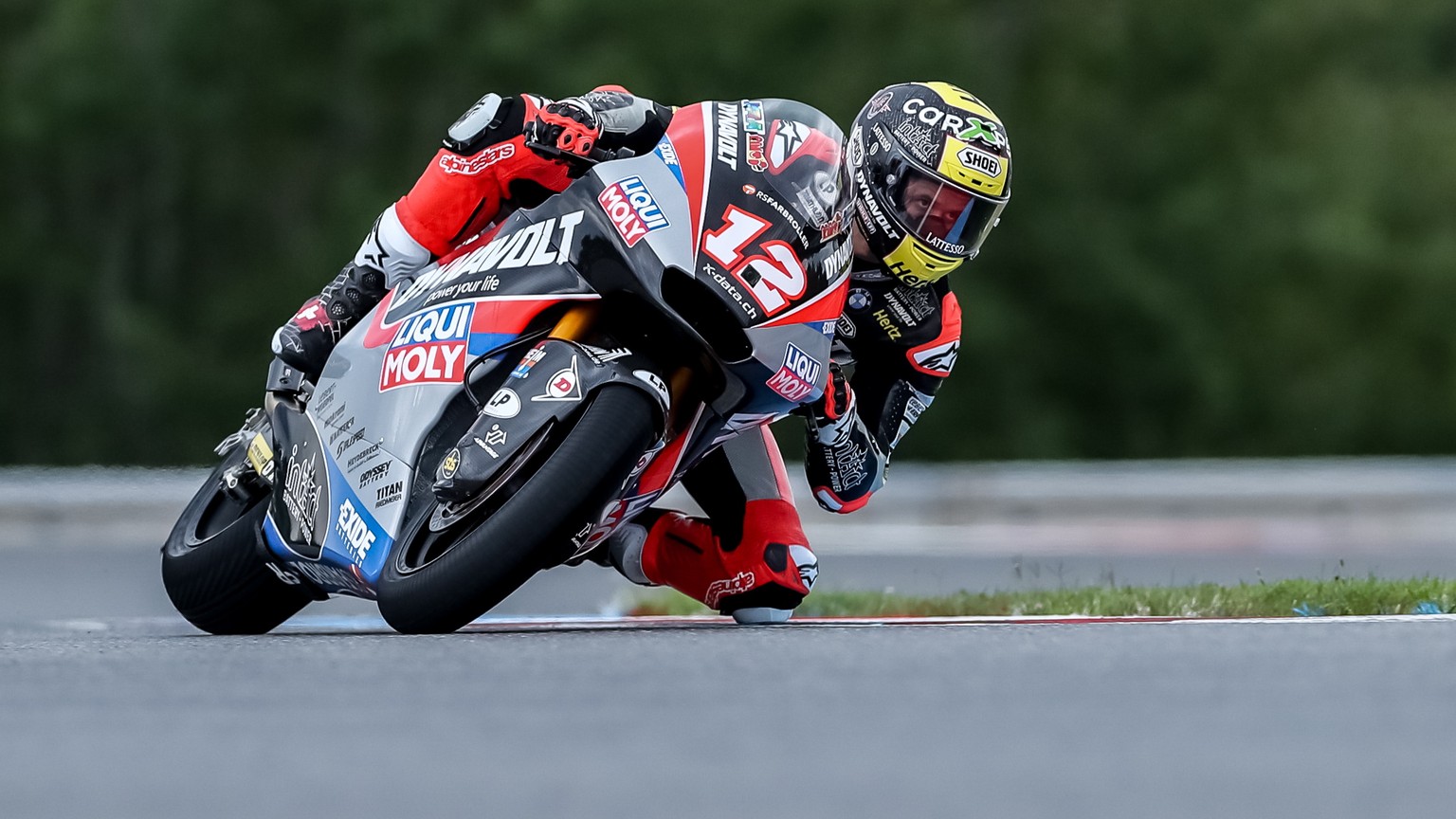 epa07755133 Swiss Moto2 rider Thomas Luethi of Dynavolt Intact GP during the qualification of the Motorcycling Grand Prix of the Czech Republic, 03 August 2019. The race will take place on 04 August 2 ...