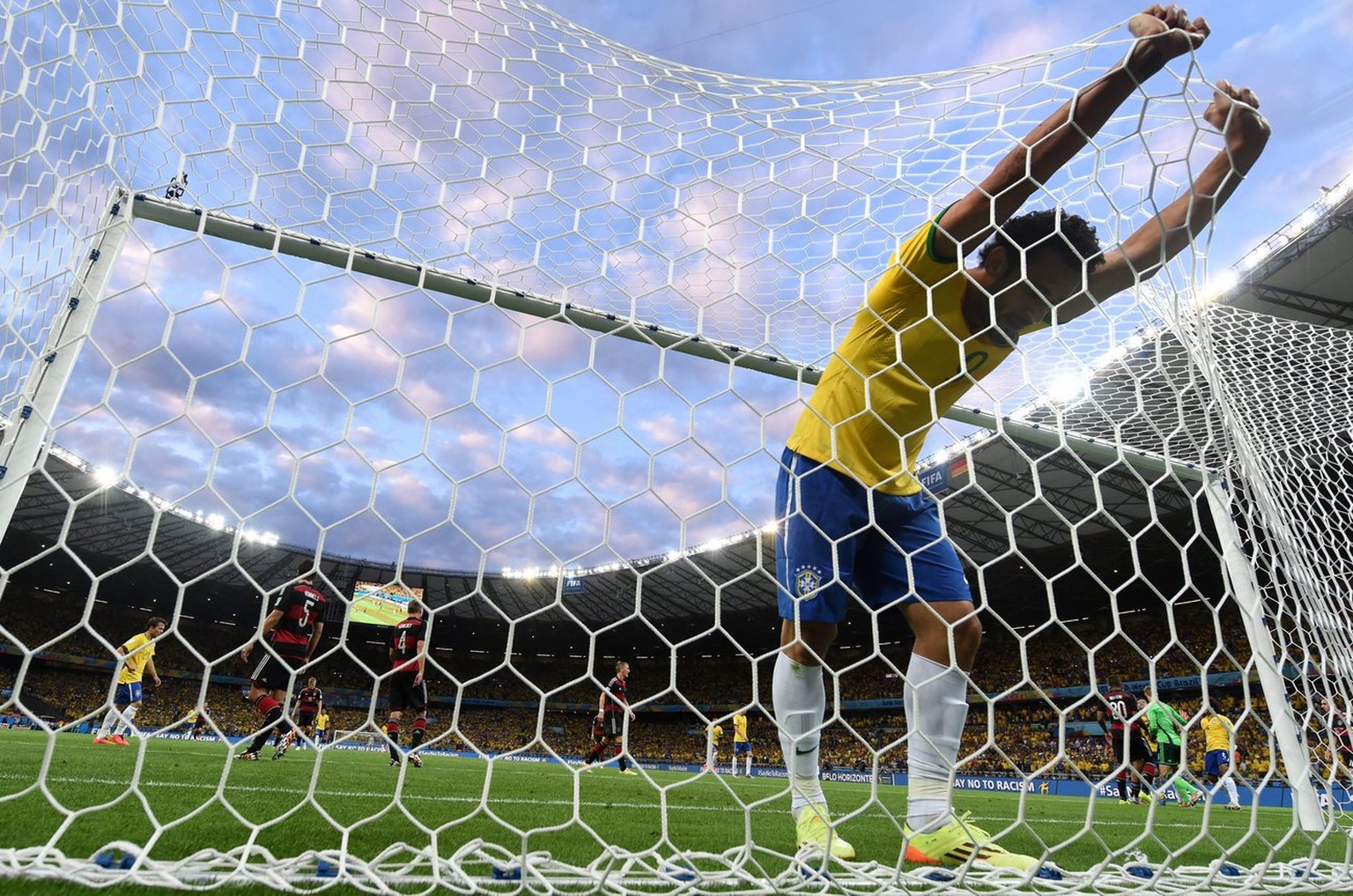 epa04306750 Fred of Brazil reacts during the FIFA World Cup 2014 semi-final soccer match between Brazil and Germany at Estadio Mineirao in Belo Horizonte, Brazil, 08 July 2014. ....(RESTRICTIONS APPLY ...