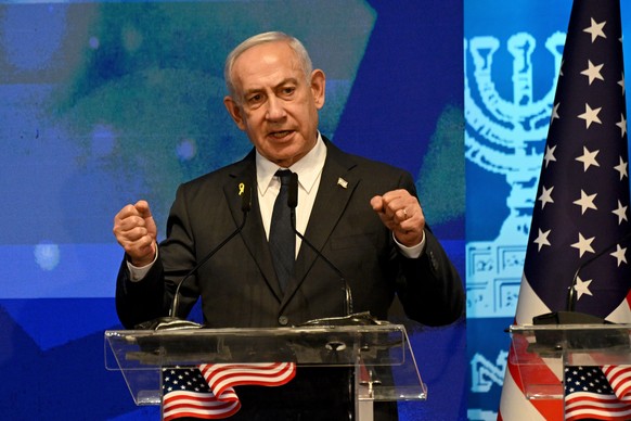 epa12380597 Israeli Prime Minister Benjamin Netanyahu addresses the opening event of a bipartisan delegation of American legislators to Israel, at the Foreign Ministry in Jerusalem, 15 September 2025. ...