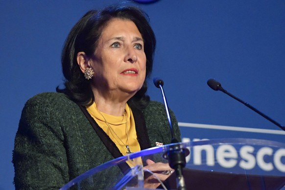 FILE - Georgia&#039;s President Salome Zourabichvili delivers her speech during celebrations marking the 75th anniversary of the United Nations Educational, Scientific and Cultural Organization at the ...