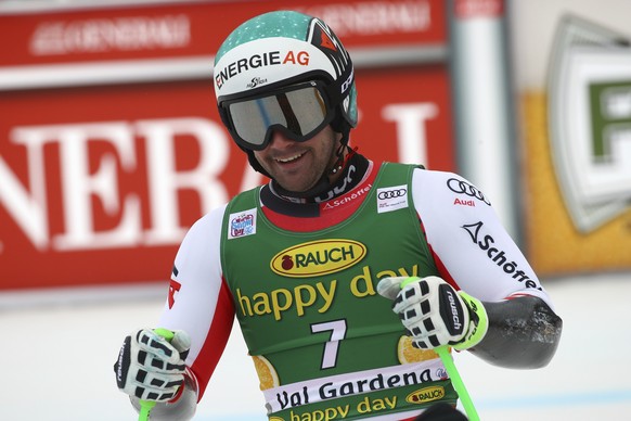 Austria&#039;s Vincent Kriechmayr smiles at the finish area of an alpine ski, men&#039;s World Cup Super G, in Val Gardena, Italy, Friday, Dec. 20, 2019. (AP Photo/Alessandro Trovati)