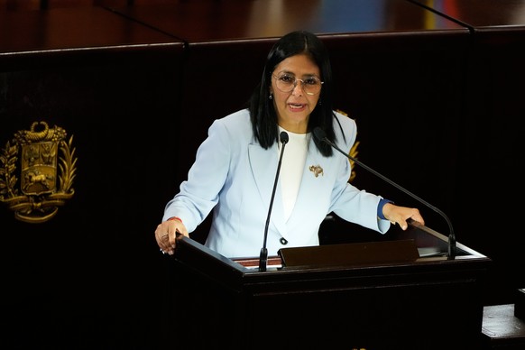 Venezuelan acting President Delcy Rodriguez speaks during a ceremony marking the opening of the new judicial year at the Supreme Tribunal of Justice in Caracas, Venezuela, Friday, Jan. 30, 2026. (AP P ...