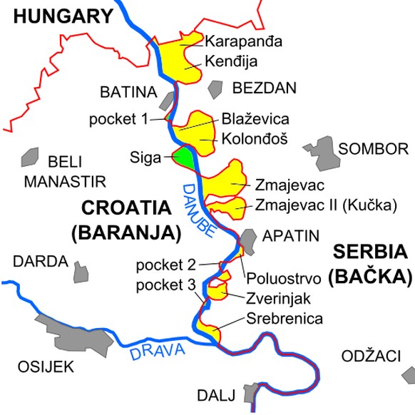 Die gelben Gebietstaschen östlich des heutigen Flusslaufs werden sowohl von Kroatien als auch von Serbien beansprucht; die grün eingefärbten Gebiete hingegen von keinem der beiden Staaten. Liberland ist die «Siga» benannte grüne Zone.