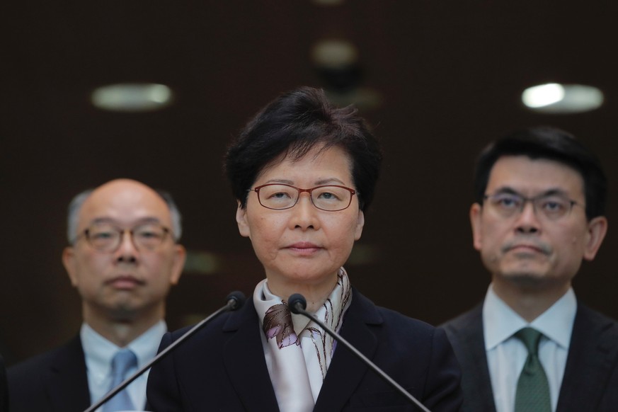 Hong Kong&#039;s Chief Executive Carrie Lam speaks at a press conference in Hong Kong Monday, Aug. 5, 2019. Lam said recent protests have pushed the city to the &quot;verge of a very dangerous situati ...