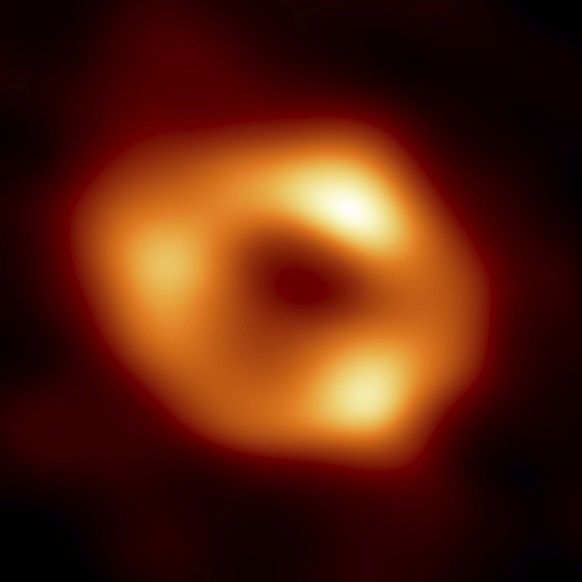 This image released by the Event Horizon Telescope Collaboration, Thursday, May 12, 2022, shows a black hole at the center of our Milky Way galaxy. The Milky Way black hole is called Sagittarius A*, n ...