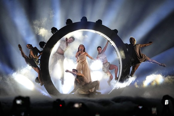 Eden Golan of Israel performs the song Hurricane during the dress rehearsal for the second semi-final at the Eurovision Song Contest in Malmo, Sweden, Wednesday, May 8, 2024. (AP Photo/Martin Meissner ...