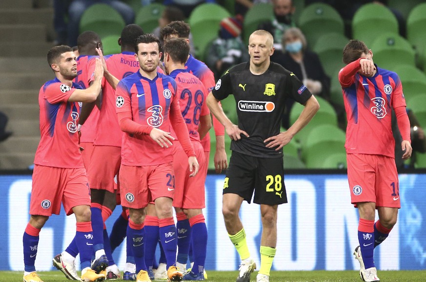 Chelsea&#039;s Timo Werner celebrates with teammates after scoring his side&#039;s second goal during the Champions League Group E soccer match between Krasnodar and Chelsea in Krasnodar, Russia, Wedn ...