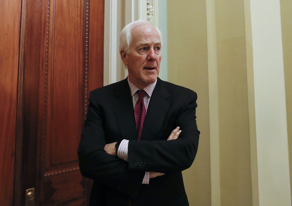 Senate Majority Whip John Cornyn of Texas, pauses as he speaks to reporters outside his office on Capitol Hill in Washington, Monday, June 26, 2017. Senate Republicans unveil a revised health care bil ...