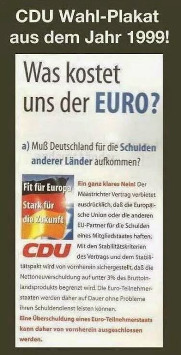 Die Versprechen der Vergangenheit holen die CDU ein und werden für das Griechen-Bashing eingesetzt. Verschwiegen wird dabei, dass sich Ende der 1990er Jahre die europäische Wirtschaft noch im Gleichge ...