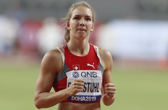 epa07892857 Geraldine Ruckstuhl of Switzerland competes in the Javelin Throw event of the Heptathlon during the IAAF World Athletics Championships 2019 at the Khalifa Stadium in Doha, Qatar, 03 Octobe ...