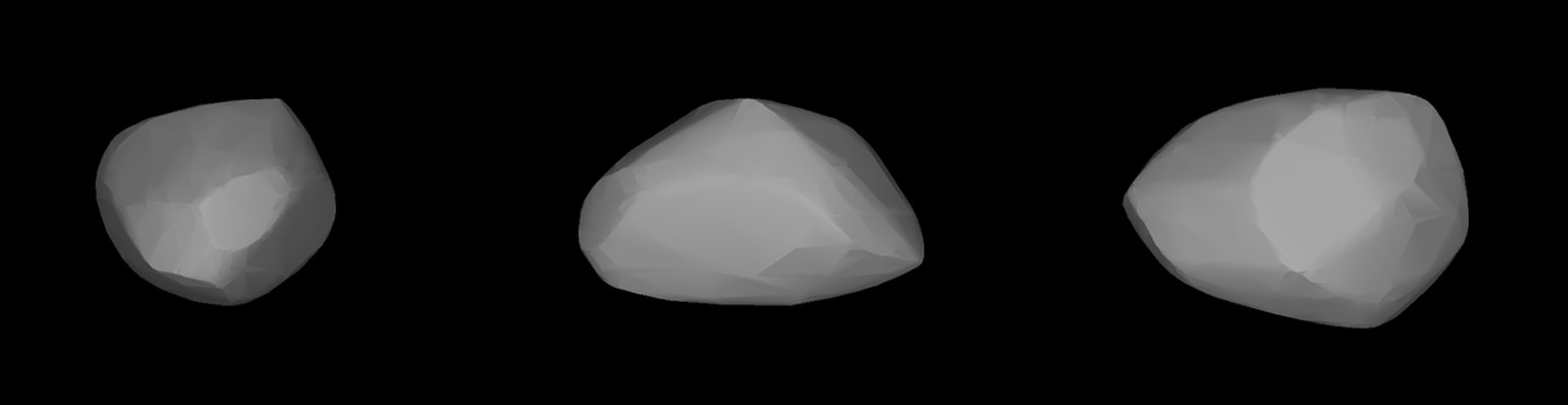 DAMIT model of Apophis generated from light curve. This assumes that all areas of the asteroid have a similar albedo and reflectivity.
https://commons.wikimedia.org/w/index.php?curid=68634501