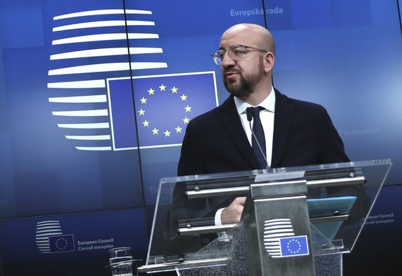 FILE - In this file photo dated Friday, Dec. 13, 2019, European Council President Charles Michel during a media conference at the conclusion of an EU summit in Brussels. Massive challenges lay ahead f ...