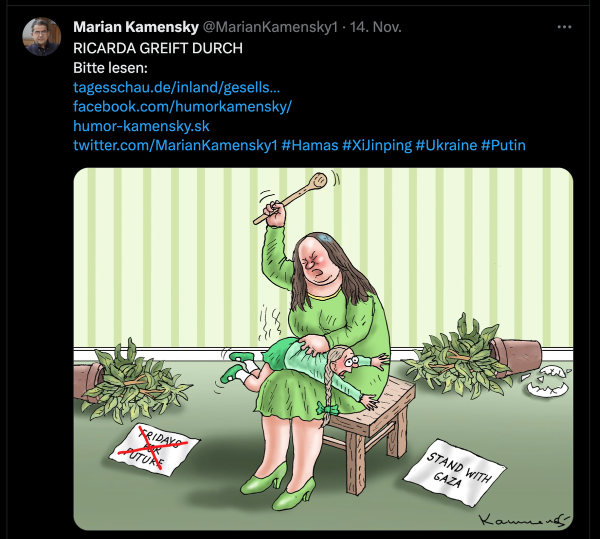 Karikatur zu Fridays for Future-Aktivisten, die mit fragwürdigen Pro-Palästina-Äusserungen auffallen.