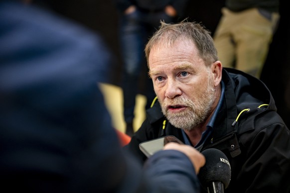 Raphael Mayoraz, Head of the Natural Hazards Service of Canton of Valais, speaks during a press conference, in Ferden, Switzerland, Wednesday, May 28, 2025. A large part of the village of Blatten, loc ...