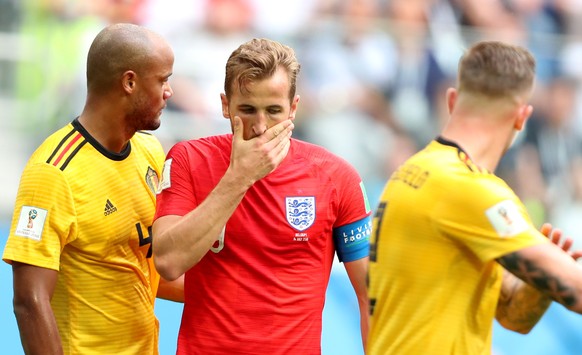 epa06888240 Harry Kane (C) of England reacts during the FIFA World Cup 2018 third place soccer match between Belgium and England in St.Petersburg, Russia, 14 July 2018.

(RESTRICTIONS APPLY: Editori ...